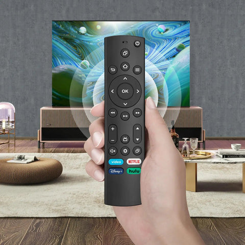 Hand holding a universal replacement remote for all Insignia Toshiba Pioneer Fire Smart TVs with no setup required plug and play infrared controller that works right out of the box batteries included for easy no fuss TV control in a living room
