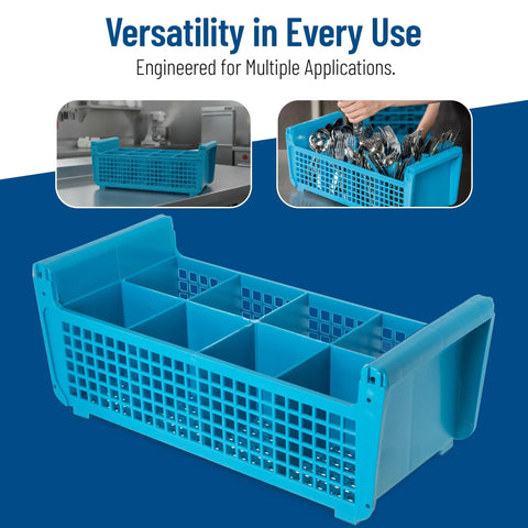 Blue Perma-Sil Polypropylene Flatware Basket For Commercial Kitchens, 8-Compartment Dishwasher Rack Organizer in use