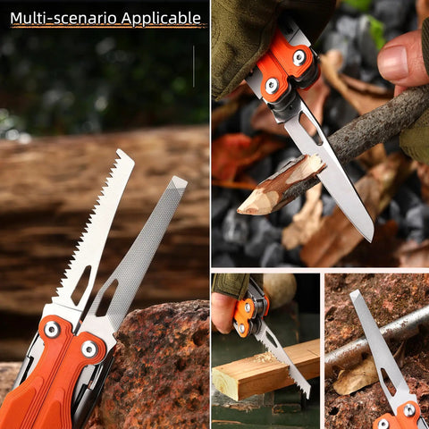 Collage of 28-In-1 Pocket Multitool Pliers With Replaceable Bits featuring saw, cutter, and file in outdoor use