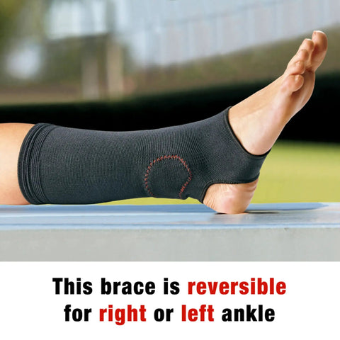 Side view of compression ankle support sleeve on foot, reversible for right or left ankle use, breathable material, ergonomic fit.