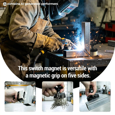 Heavy Duty 180 Lb Switch Magnet Features A Rock Solid 5 Sided Magnetic Grip Made For Welding Woodworking Shop Setup And Cabinet Installations That Really Locks In Tight in action secured to metal during welding.