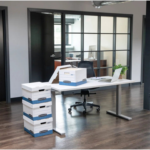No Sweat 4 Pack Medium Duty File Storage Boxes Letter Size Organizers With Lids Stackable in modern office setup.
