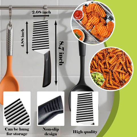 Front view of FANTEXY crinkle cutter with wave blade, stainless steel blade and black handle; 4.8-inch blade.
