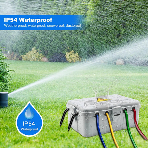 Large Outdoor Electrical Box With IP54 Weatherproof Cover 8 Cable Ports in use under sprinkler in garden