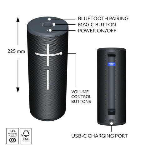 Front and side view of Megaboom 4 Portable Waterproof Bluetooth Speaker With Killer Immersive 360 Degree Sound And Balanced Bass 20 Hour Battery Life Floating Design 147 Feet Range Black showing buttons