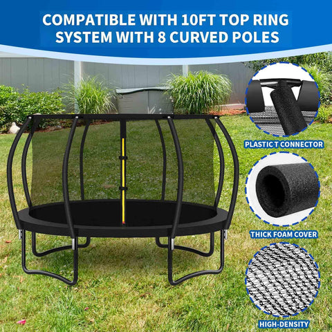 Legit 10 Foot Trampoline Replacement Kit Features Eight Heavy Duty Curved Poles And Premium Polyethylene Safety Net with connectors.