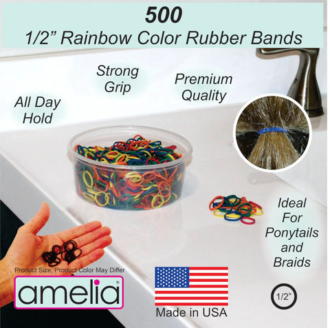 Dope Half Inch Rainbow Mix Small Rubber Bands For Hair Pack 500 Count in clear tub for braids and ponytails.