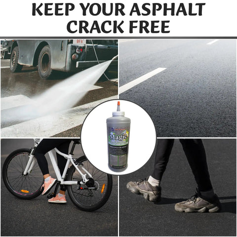 Built Like A Tank Asphalt Crack Sealer And Driveway Repair Fill In Jet Black 2.5 Pound Dry Granular Pack shown with various asphalt surfaces.
