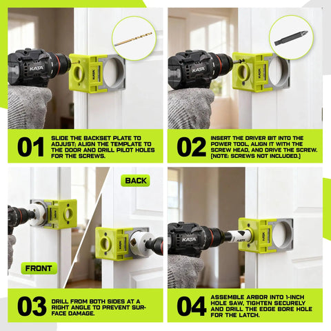 Door Lock Installation Kit For Metal And Wood Doors With Adjustable Guide Template And Bi Metal Hole Saw Set 1 3 8 to 1 3 4 Inches step-by-step process