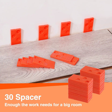 Laminate Wood Flooring Installation Kit With Reinforced Double Faced Mallet Heavy Duty Pull Bar Solid Tapping Block Foam Kneepads And 30 Piece Spacers For Quick Pro Grade DIY Ready Flooring Install showing stack of orange spacers