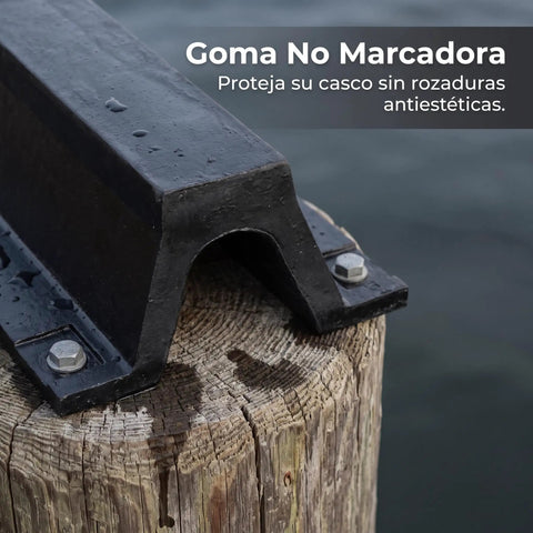 Heavy Duty Black Rubber Dock Bumper With Bolt Down Arch for piers, showing bolt-down feature on a wet wooden post.
