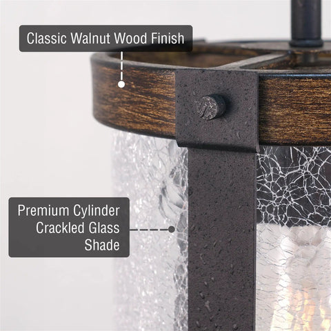 Close-up of 9 Inch Rustic Farmhouse Pendant Light With Crackle Glass Shade And Walnut Wood Finish Hand Painted Metal Frame
