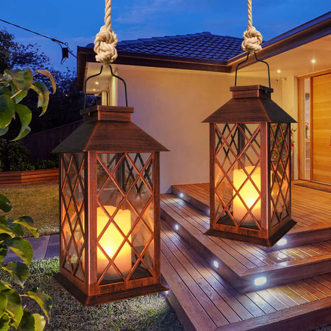 14 Inch Solar Lanterns Outdoor Garden Lights Weatherproof Waterproof LED Flickering Flameless Candles on patio at dusk