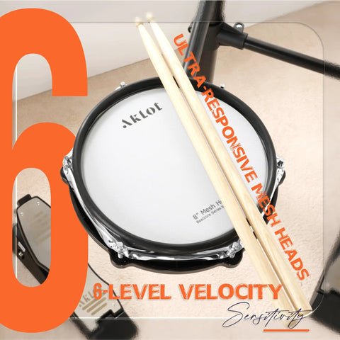 Top view of drum pad and sticks from Multi Zone Electronic Drum Set With Four Dual Trigger Quiet Mesh Pads 360 Sounds 10 User Kits