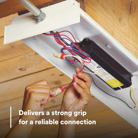 Performance Plus Wire Connector TR Pouch Tan Red Copper Core, Flexible Steel Spring Design, installed in ceiling light