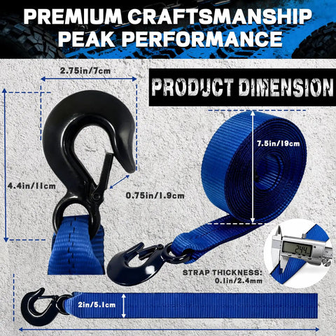 Rock Solid Boat Winch Strap With Zinc Plated Safety Hook 2 Inch By 20 Foot dimensions including steel hook and blue webbing details