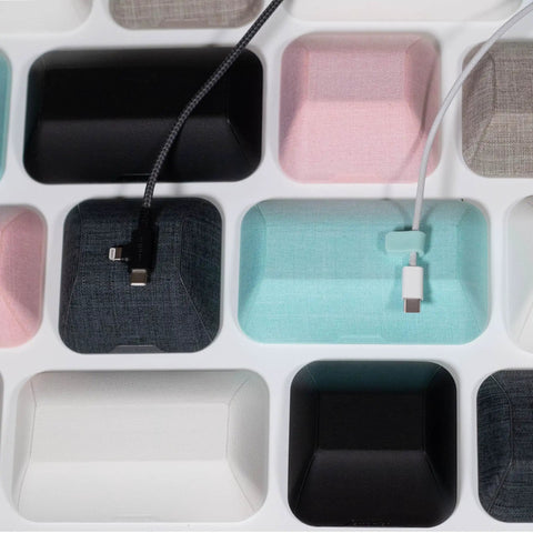 Magnetic Cable Holder And Charger Organizer For Desk And Nightstand Keeps USB C And Lightning Cables Slotted No Fuss Cord Wrangler With Three Clip Magnet System Pencil Gray Finish Desktop Cable Management with cables inserted