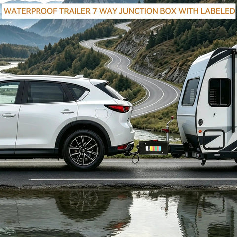 Heavy Duty Pure Copper 7 Way Trailer Plug And Waterproof Junction Box Kit With 6 Foot Extension Cord attached to an RV.