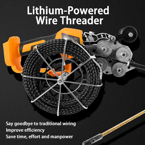 Pro Grade Cordless Electric Wire Puller With Slick Stepless Speed Dial And Bendable Guide Rod next to a coil of wire and gearing mechanism.