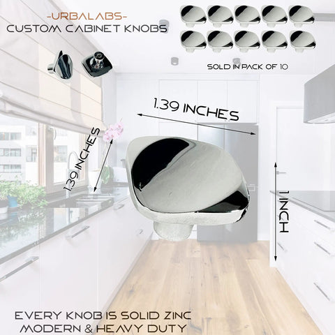 Modern Square Curved Matte Black Cabinet Knobs Pack of 10 Solid Zinc High End European Style Drawer and Door Pulls for Kitchen Cabinets Dresser and Furniture with Hardware Kit for Easy Mounting displayed in a modern kitchen setting.