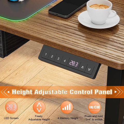 47 Inch Electric Standing Desk With RGB LED Gaming Table And Memory Height Adjustments For Ultimate Battle Station Setup In Modern Homes control panel showing height settings and LED display.