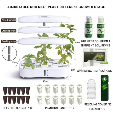 Diagram of Smart Soilless Indoor Garden System With 12 Pods Hydroponics Kit Grow Herbs Year Round With 24W Full Spectrum LED Lights.