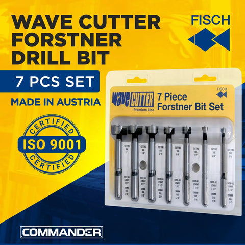 Wave Cutter Forstner Bit Set 7-Piece for Woodworking with Splinter-Free Cutting and Pro Grade Drills One Quarter Inch To One Inch Diameter Durable Forged Steel Bits Includes Blister Pack