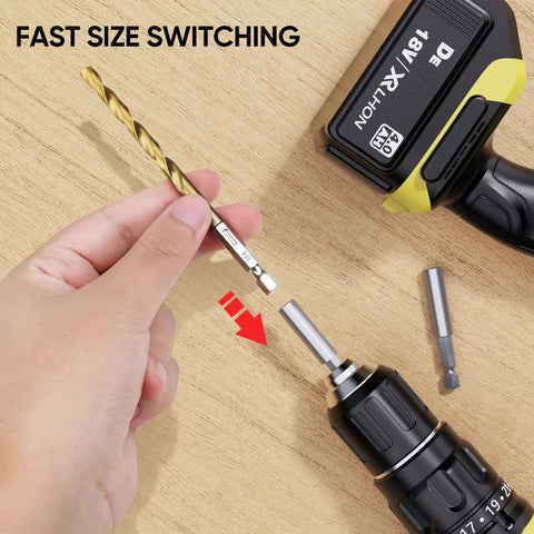 Hand placing Titanium Coated Drill Bit Set With Hex Shank And 135 Degree Tip High Speed Steel Drill Bits Kit in drill