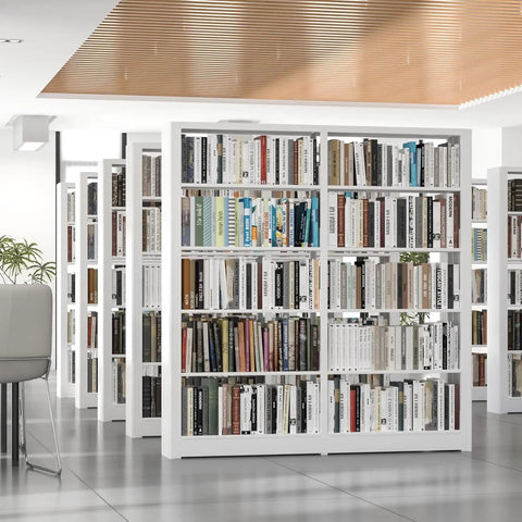 Beefy Metal Five Tier Adjustable Book Shelf In White, 68.9 Inches High by 36 Inches Wide, filled with books in a modern room.