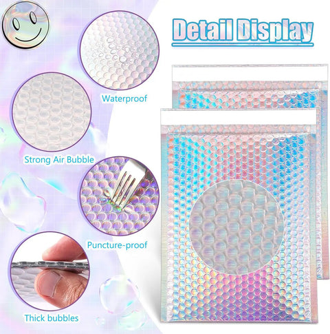 Detail display of 25 Pack Holographic Bubble Mailers 9 By 12 Self Seal Waterproof Poly Padded Envelopes with air bubbles and puncture-proof design.
