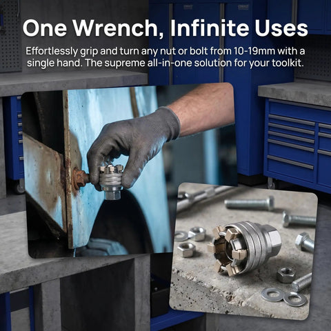 Solid Gear Universal Adjustable Socket Wrench For 10MM To 19MM Bolts held by a gloved hand, showcasing its versatility in action.