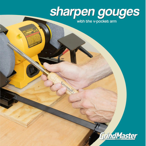 Lathe Tool Sharpening Jig With Quad Setup And Multi Grind System For 6 Inch Grinders, Includes Two Setup Blocks, Effortless Razor Sharp Edges And Repeatable Bevels For Pro Style Grinding shown sharpening gouge on grinder.