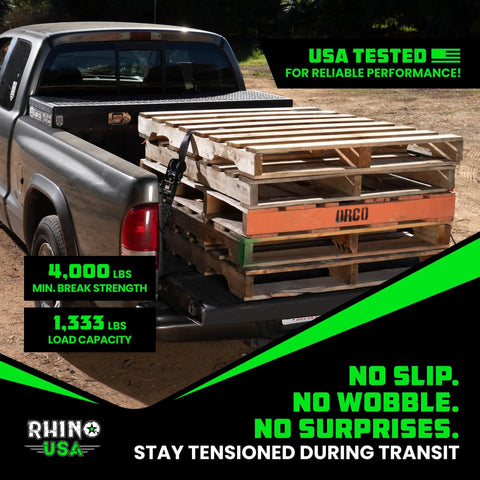Heavy Duty Self Tensioning Ratchet Straps 2 Pack Keep Your Cargo Dead Locked And Tight As A Drum For Trucks And Trailers securing wooden pallets in a truck bed.