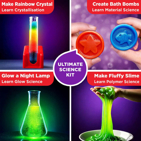 Ultimate Science Gift Set With Electricity Kit For Kids Aged Eight To Twelve Hands On STEM Experiments shown with crystal, bath bomb, lamp, and slime activities