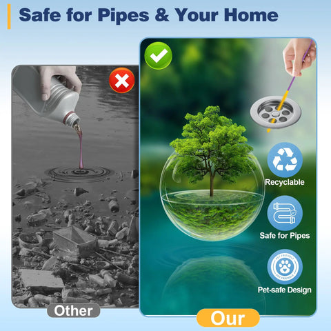 Reusable 35 Inch Drain Snake 5 Pack With Thick Bristle Brush shown safe for pipes, recyclable material, and pet-safe design.