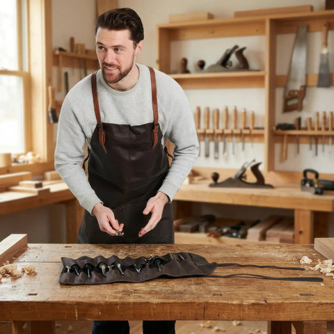 Man wearing genuine leather work apron with CrossBack straps woodworking in studio with tools on table