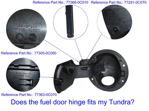 Fuel Door Hinge Pin for Toyota Tundra Durable Metal Repair Kit To Fix Loose Gas Cap And Sticking Lid Permanent Fix For Rusted Or Worn Hinge Easy Install displayed with parts and reference numbers on a white background.