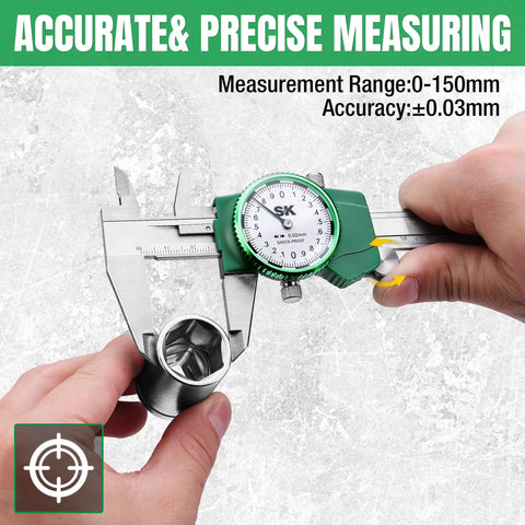 Dial Caliper 150mm Measuring Tool With Shockproof Design shown measuring a metal part, dual jaws visible, accuracy ±0.03mm.