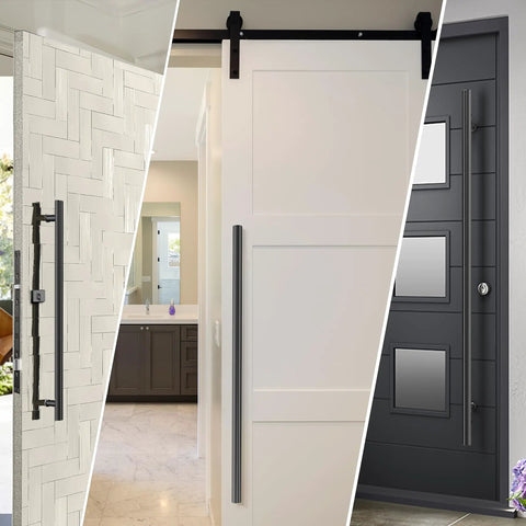 Various views of Beefy 18 Inch Solid Stainless Steel Push Pull Door Handle Set Matte Black Finish Built Tough For Barn and Glass Doors