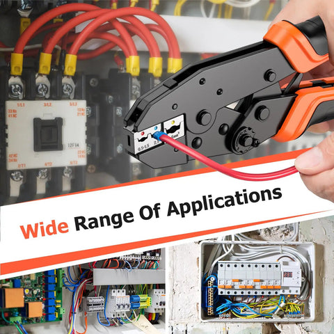 Hand using Six Piece Pro Grade Crimping Tool Set With Ratcheting Wire Crimper And Six Interchangeable Dies on wiring panel