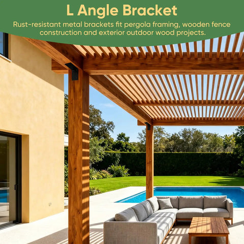4 Pack 4x4x3 Inch Heavy Duty L Corner Brackets 3mm Thick Black Steel One Piece Molded Design used in outdoor wood projects.