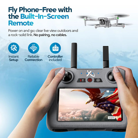 Hands holding controller with screen showing AI Guided 4K Drone With Camera For Adults, FAA Approved, 360 Degree Obstacle Avoidance.