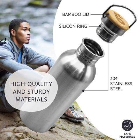 Straight Up Reliable Stainless Steel Water Bottle 32 Oz Single Wall Reusable Drinkware with bamboo lid and silicone ring.