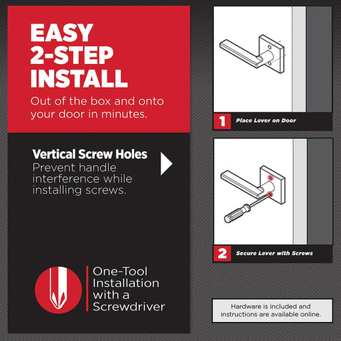 Diagram showing easy 2-step install of Dummy Door Lever For Closets And French Double Doors, Matte Black Non Turning Pull Handle