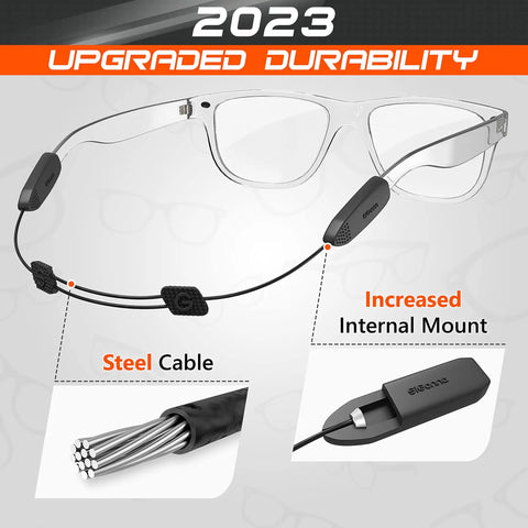 Adjustable Glasses Strap Set 3 Pack Eyewear Lanyard Holders No Tail Design Invisible On Head with steel cable and internal mount