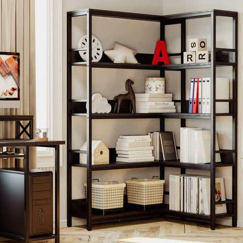 FiveTier Industrial Corner Bookshelf With HeavyDuty Metal Frame L Shaped Storage Rack For Cramped Corners Solid Bookcase Organizer in living room with decor and books.