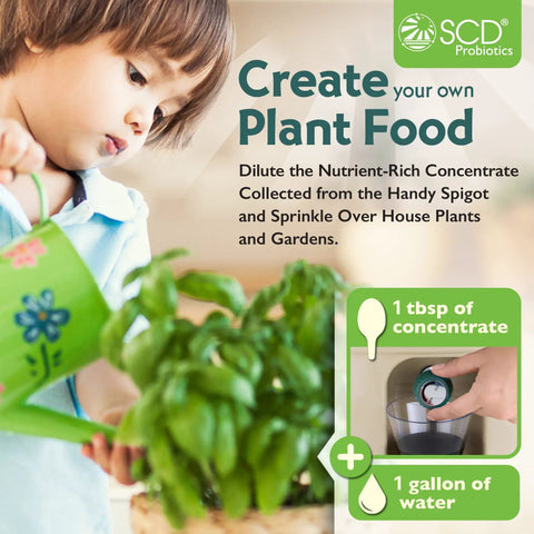 Child watering plants with focus on Indoor Composter Starter Kit For Kitchen With 5 Gallon Tan Bin Lid And Spigot Plus 1 Gallon Bag Of Dry Bokashi Bran For Quick Odor Free Home Composting And Easy Food Waste Recycling