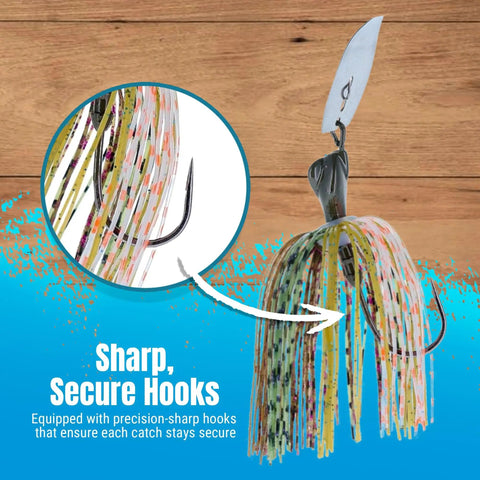 Weedless Bass Jig With Bladed Vibration Tech for Pike Walleye Muskie, features sharp hook and colorful skirt, secure catch.