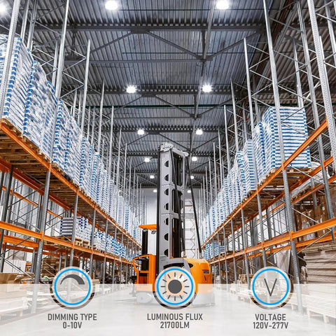 UFO LED High Bay Light With Reflector Beast Brightness 21700 Lumen 150W illuminating a warehouse space