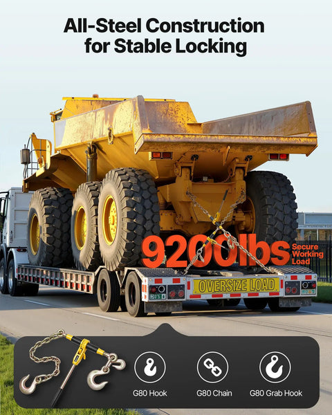 No Nonsense Heavy Duty Ratchet Chain Binder Secure Cargo Like A Pro, 9200 Lb Working Load With G80 Steel, Fits 3/8 To 1/2 Inch Chains, Rock Solid Tie Down Kit For Trucks, Towing, And Logging Jobs with truck and equipment using ratchet binder.